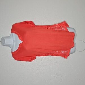 eyeshadow Salmon Pink Crochet Floral Lace back cap sleeve semi sheer top M